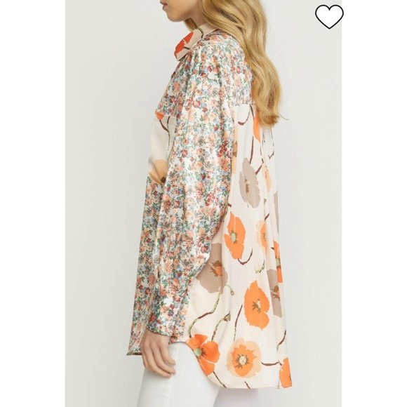 Entro Poppy Mixed Print Button Down Top | S - Picture 4 of 11